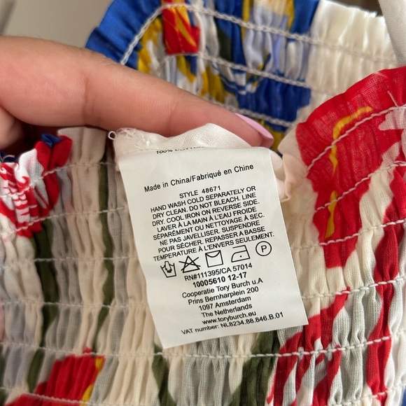 Tory Burch Iris Smocked Floral Midi Dress White Red Blue Size Large Fit & Flare - Picture 12 of 13